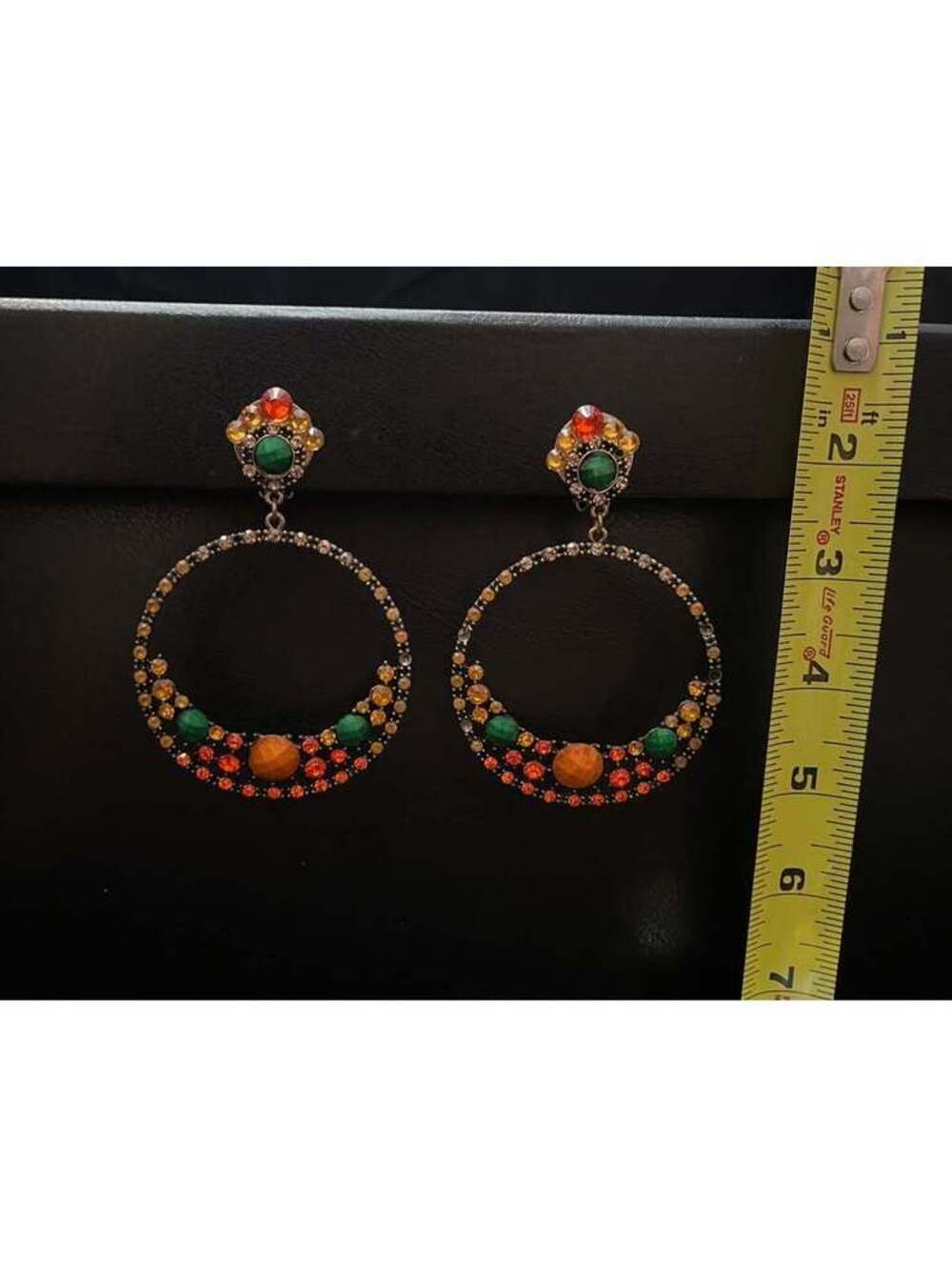 Bohemian Orange and Green Crystal Clip On Hoop Earrings - Picture 3 of 3
